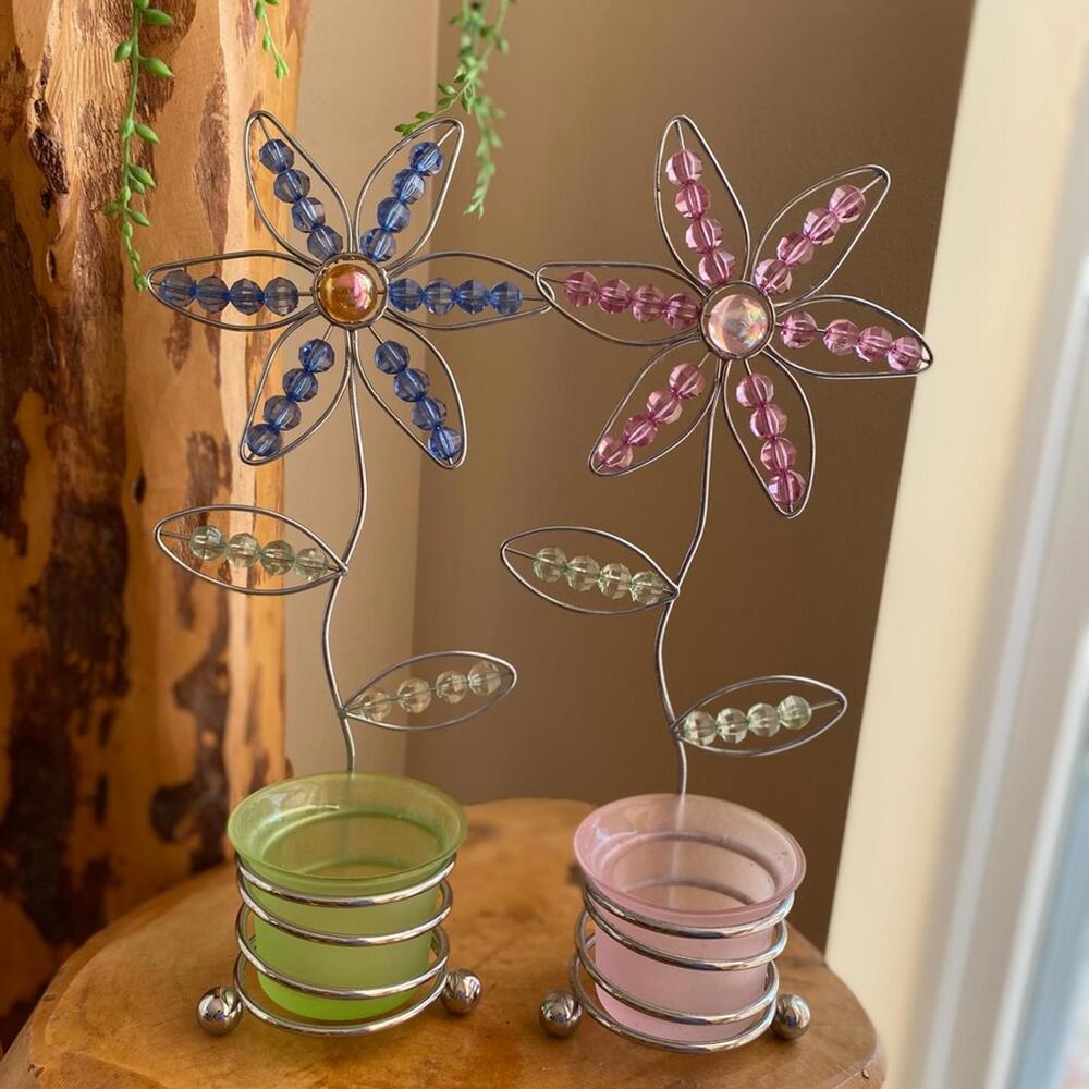 Decorative Beaded Flower Candle Holders - Set of 2
